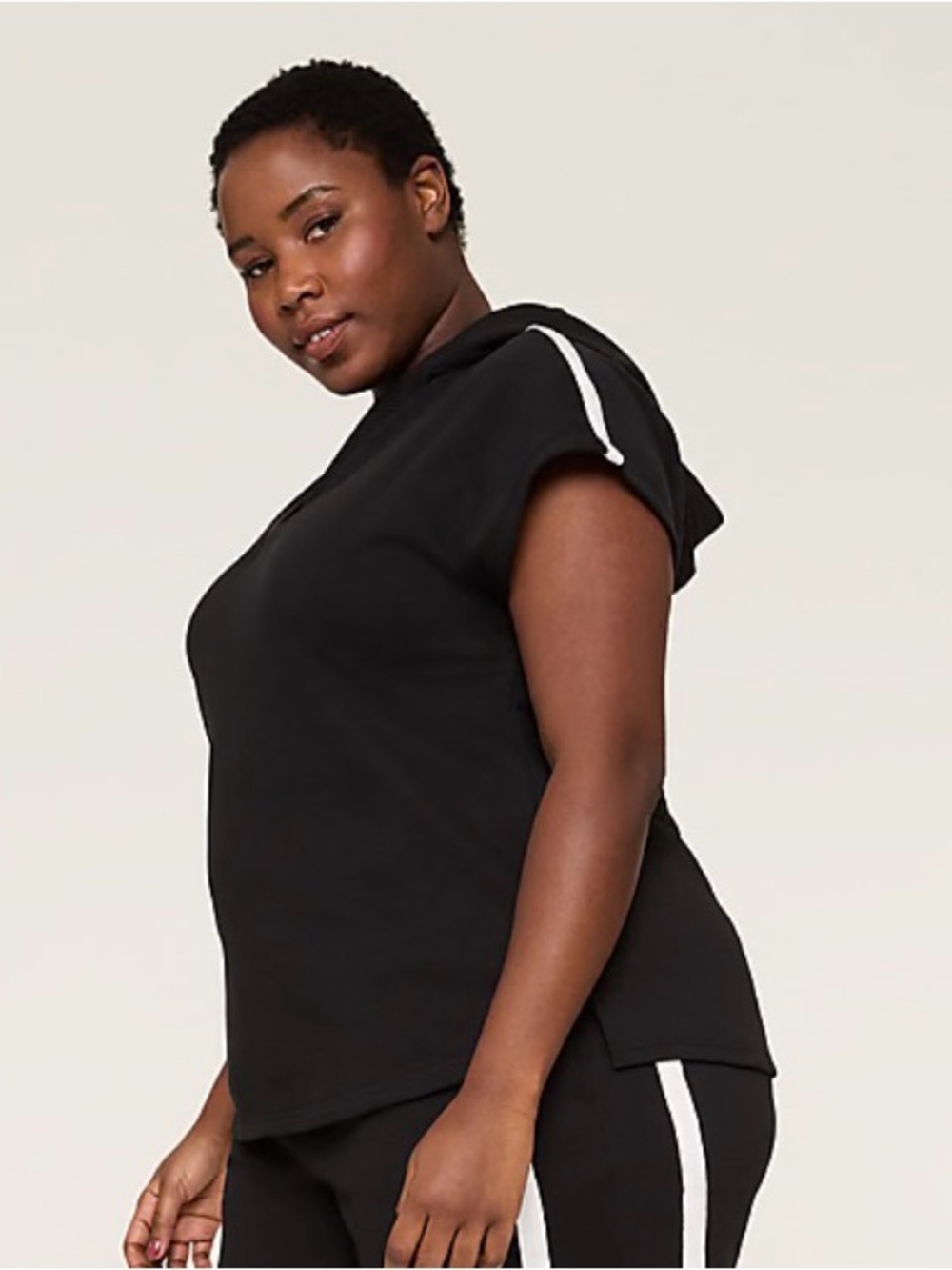 Lane Bryant Black Hooded Short-Sleeve Top with White Shoulder Stripes Livi Brand